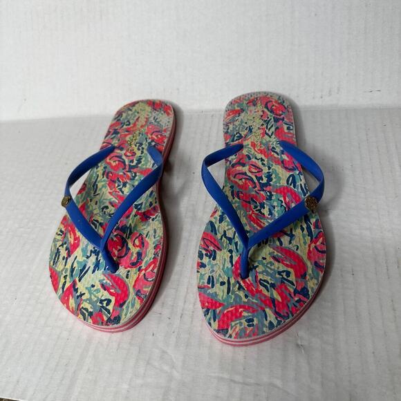 Lilly Pulitzer Size 7 Logo Blue Pink Tropical Flip Flop Sandal Summer Vacation - Picture 2 of 8